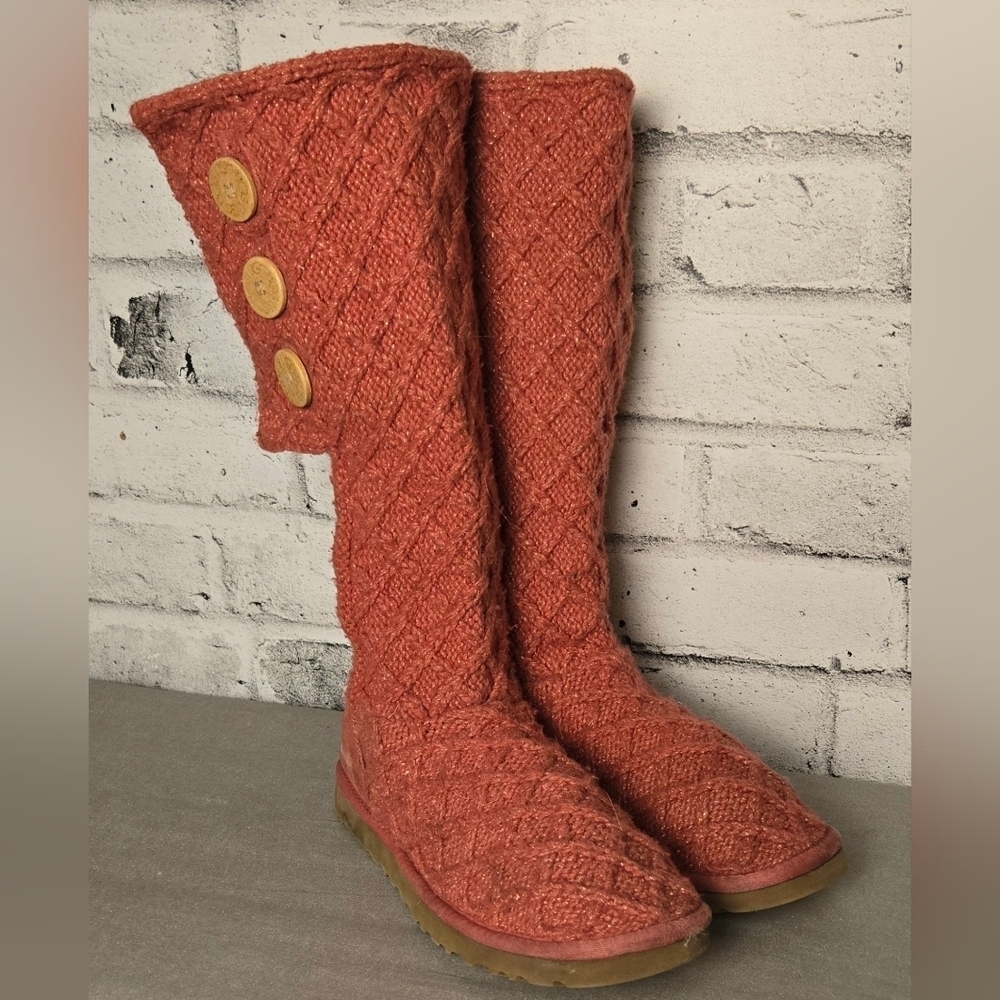 UGG Australia Classic Cardy Knit Button Boots Coral Orange Tall Size 8 - Picture 3 of 11